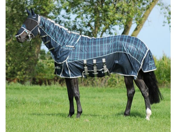 vliegendeken met nekt en hoed blauw/groen qhp paardendeken